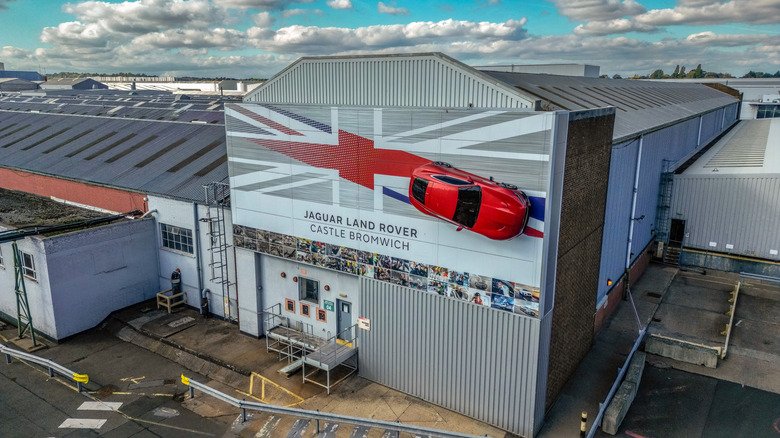 An aerial view of JLR signage at the Jaguar Land Rover vehicle manufacturing plant in Castle Bromwich on September 30, 2025 in Birmingham, United Kingdom.